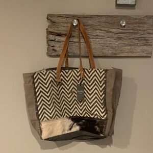 Myra Bag Black and White Chevron Tote with Brown Leather Handles